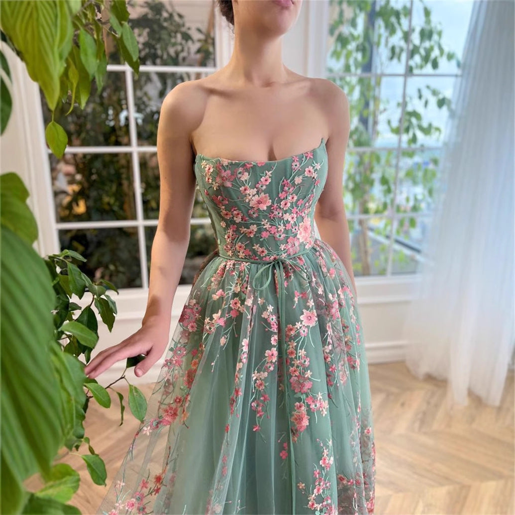 Strapless Floral Tulle Ballerina Midi Dress