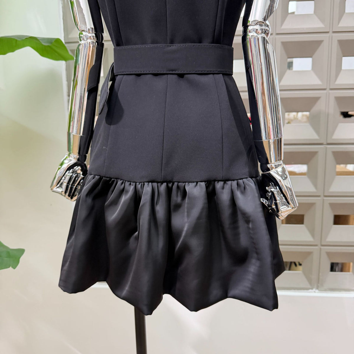 Black Matte Suiting Crepe Tailored Bodice with Flared Ruffled Hem Blazer Dress