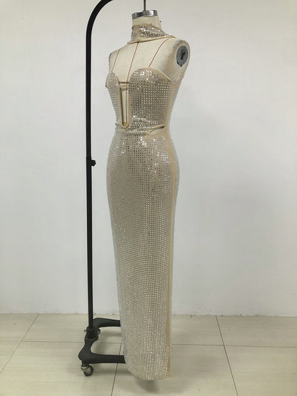 Silver Crystal Mesh Keyhole Cutout Mermaid Gown