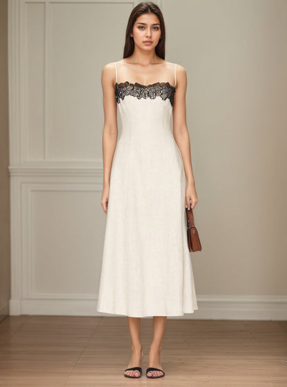 Off White Thin Strap Black Lace Trim Midi Dress Slim Fit Flowy Linen Blend Slip Dress