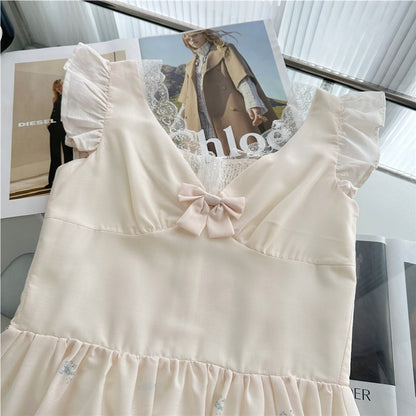 White Cotton Woven Fit-and-Flare Midi Dress with Gradient Floral and Eyelet