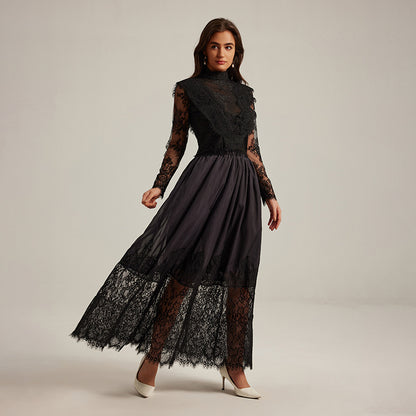 lila flowerr lace embroidery maxi dress set in black
