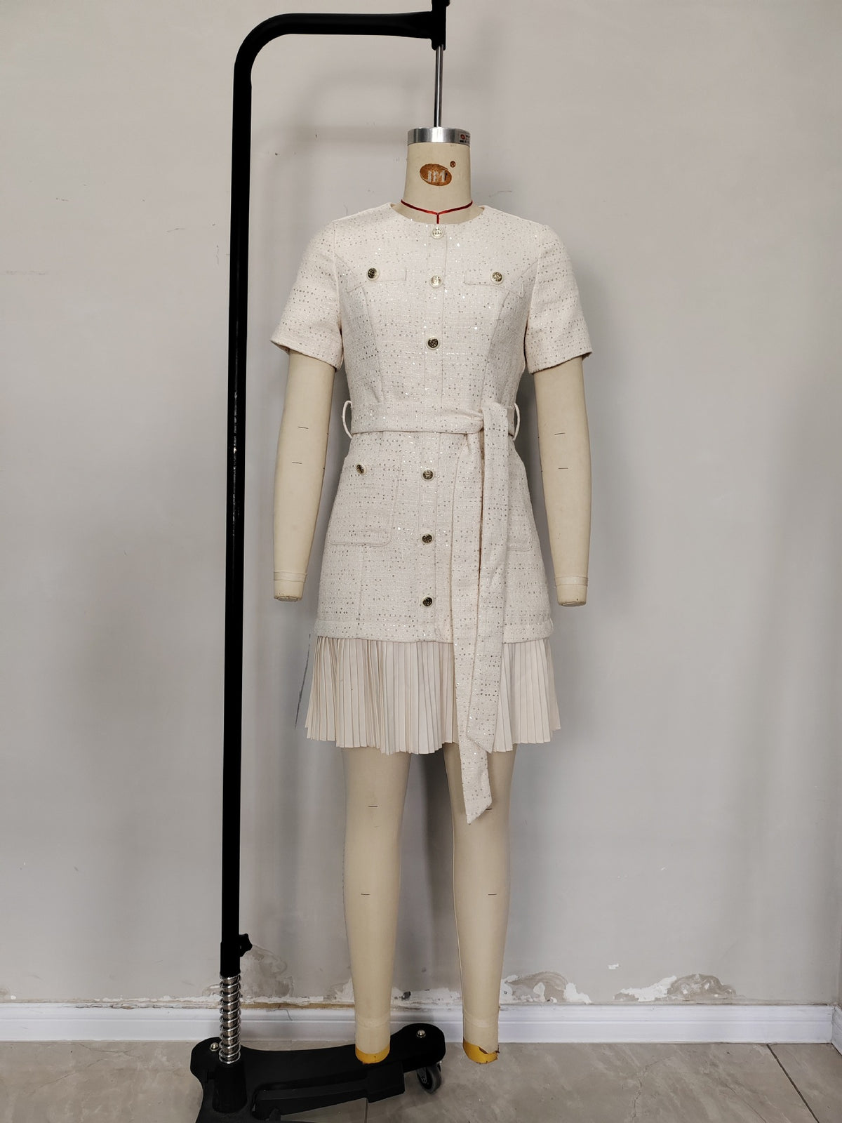 Cream Sparkly Tweed Round Neck Short Sleeve Belted Pleated Hem Mini Dress