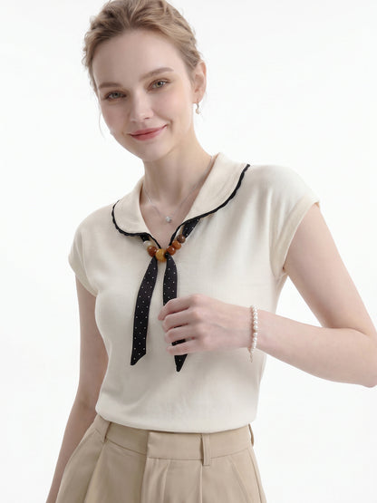 Scalloped Collar Polka Dot Bow Cap Sleeve Knit Top