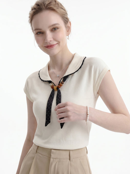 Scalloped Collar Polka Dot Bow Cap Sleeve Knit Top