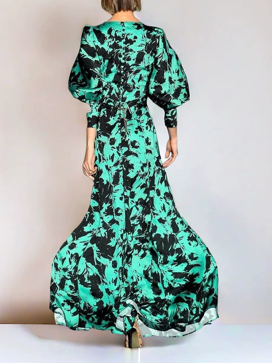Acetate Satin Floral Dress Women's Vintage Green Lantern Sleeve V-neck Long Skirt Women's Design Sense 2024 Spring/Summer