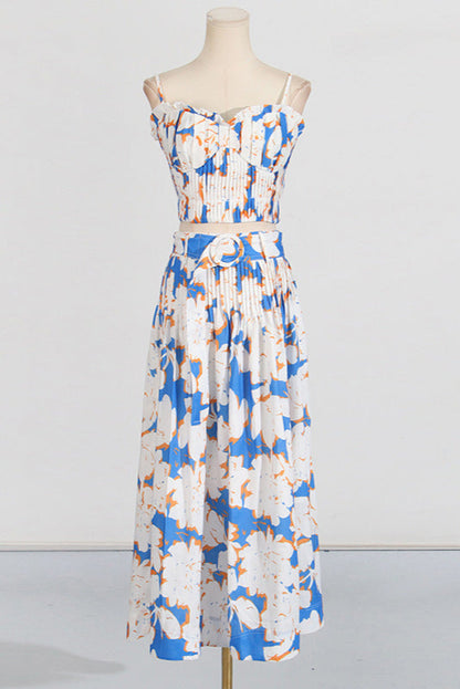 Pleated floral-print linen bustier top skirt set in blue
