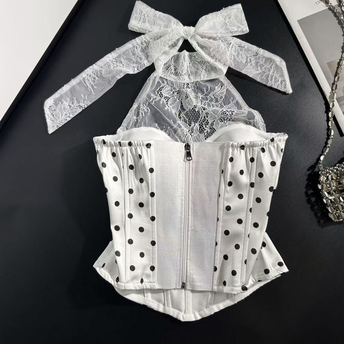 White Polka Dot Bustier Corset Top with Lace Halter