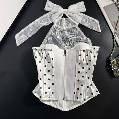 White Polka Dot Bustier Corset Top with Lace Halter