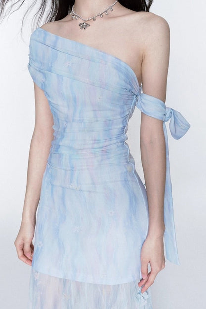 rosalind one-shoulder pleated slim maxi dress in blue