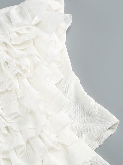 helen Halter Ruched Mesh Floral Mini Dress in white