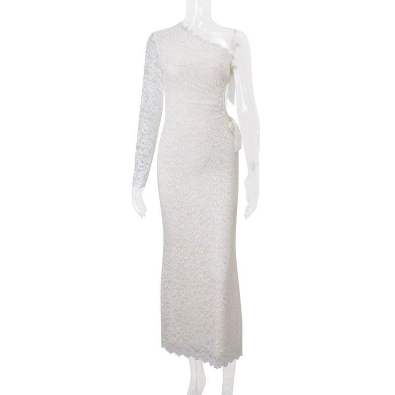 White Floral Lace One-Shoulder Column Gown