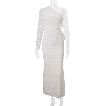 White Floral Lace One-Shoulder Column Gown