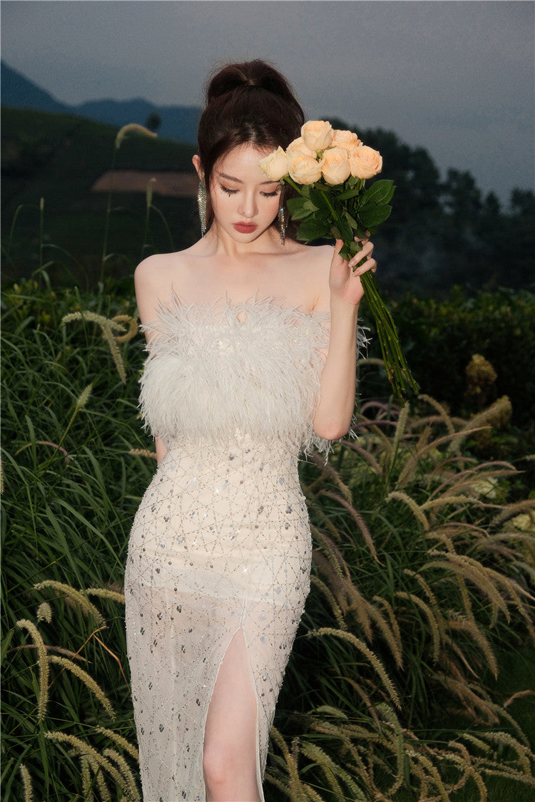 Masa White Haute Couture Feather Sequin Dress