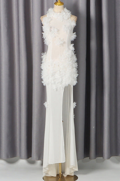 White Halter Maxi Dress with 3D Floral Embellishments