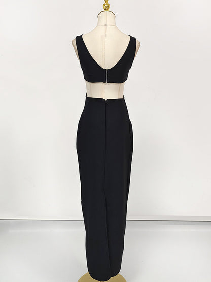 flower V-neck Hollow Out maxi Dress in black