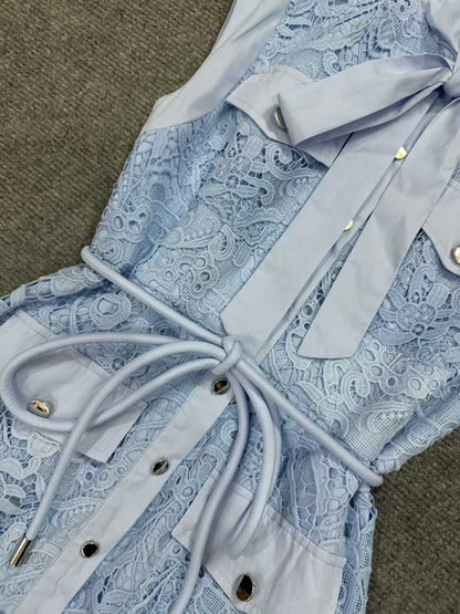 Sky Blue Sleeveless Tie Neck Cargo Pocket Floral Lace Midi Shirt Dress