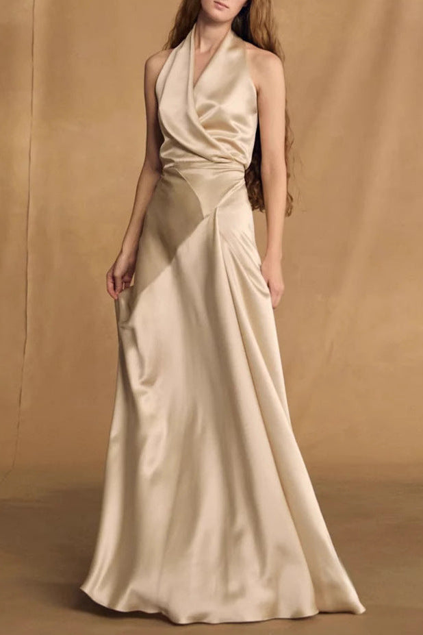 kay Champagne crepe bias-cut satin halter maxi dress