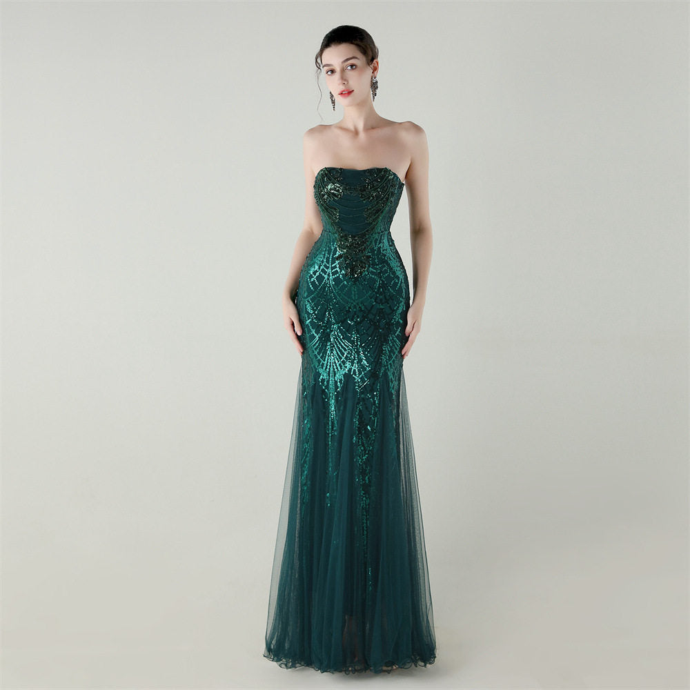 sequin strapless tulle maxi dress
