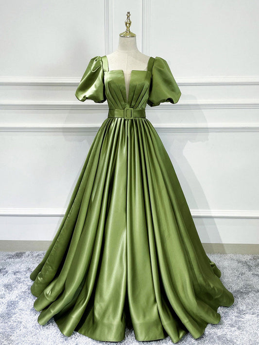 Green satin maxi prom dress