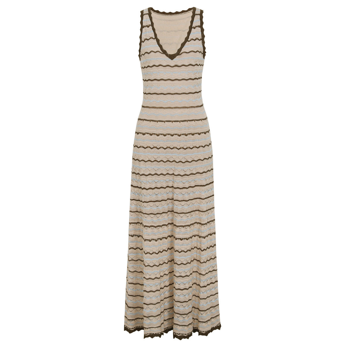 Beige Crochet-Style Knit A-Line Maxi Dress