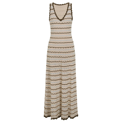 Beige Crochet-Style Knit A-Line Maxi Dress