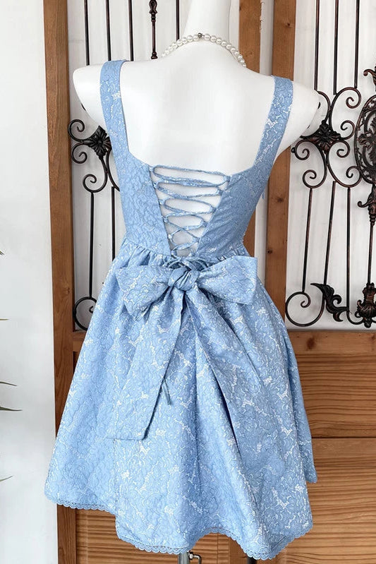 beaded square neck retro jacquard bow strap waist A-line mini dress