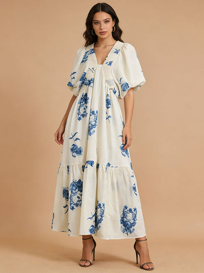 susie Print Smocking Puff Sleeve Midi Dress - blue