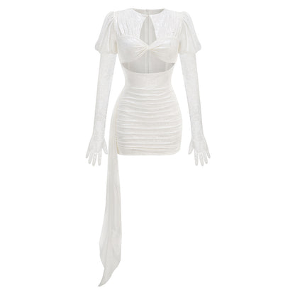 Dariel Floral Jacquard Cutout Draped Mini Dress - White