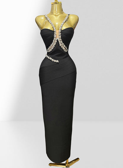 Black Heavy Stretch Knit Column Evening Gown with Crystal Embellishments