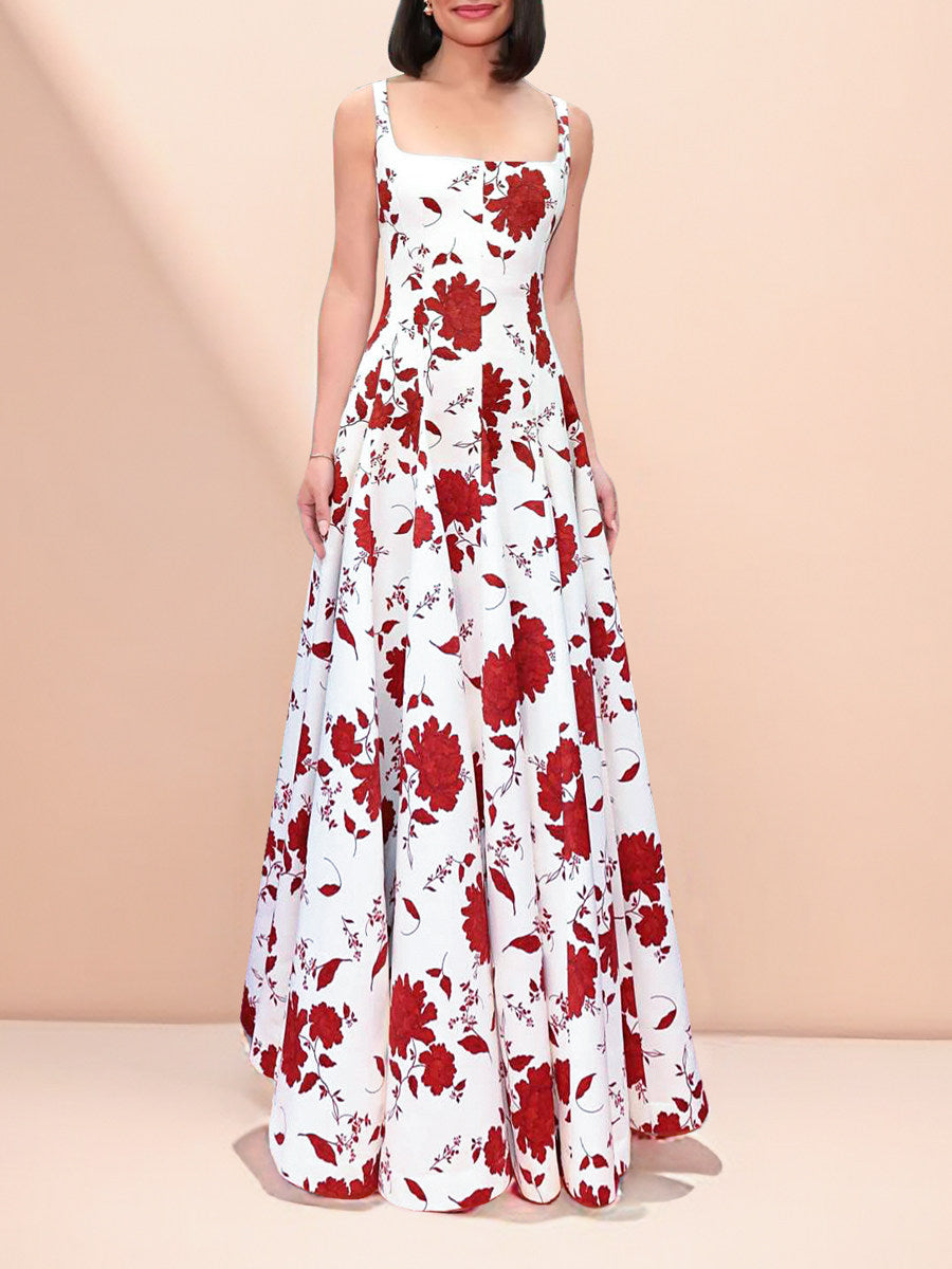 floral printed square neck maxi dress