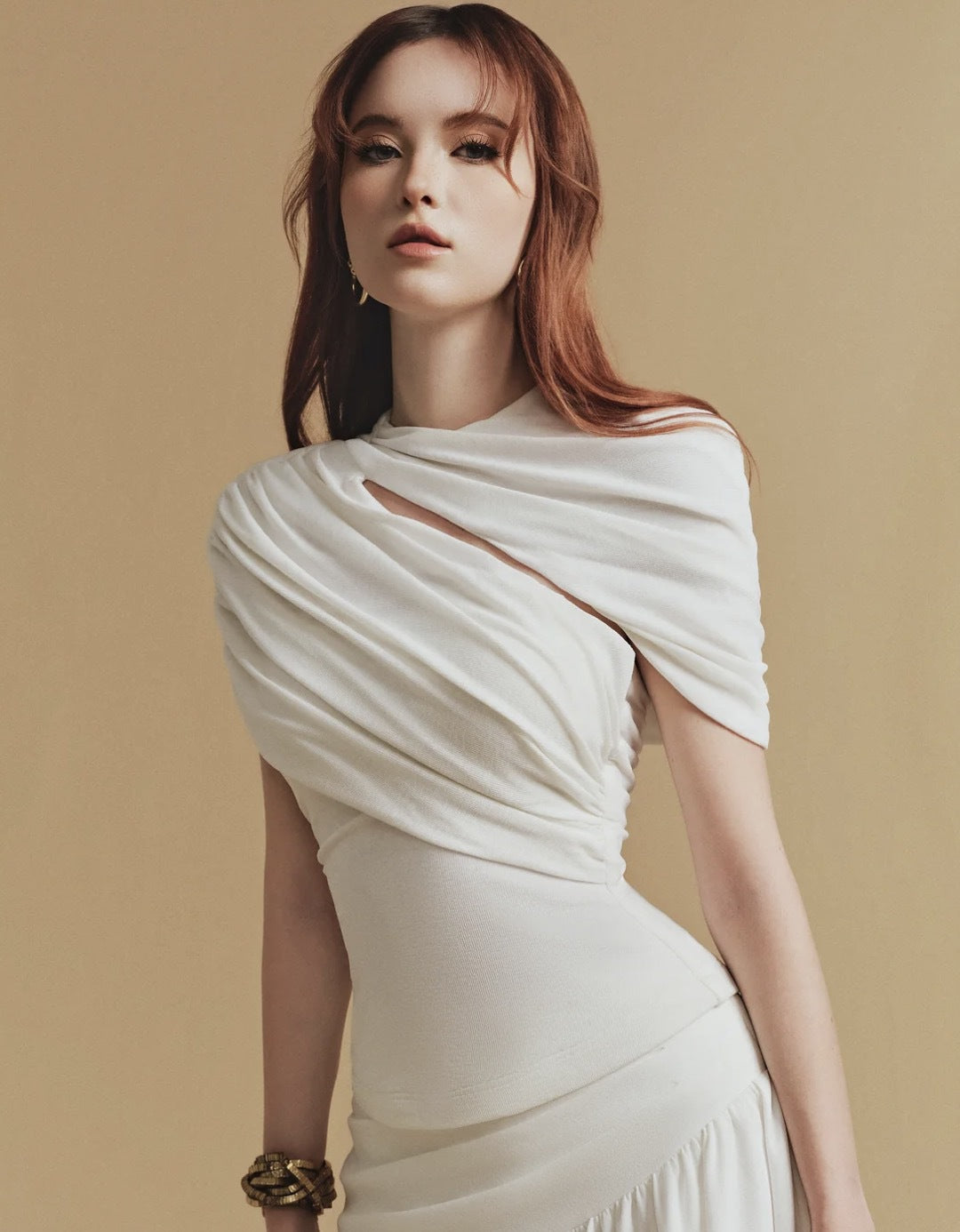 CASSIA Asymmetrical ruched top Midi Skirt set in white