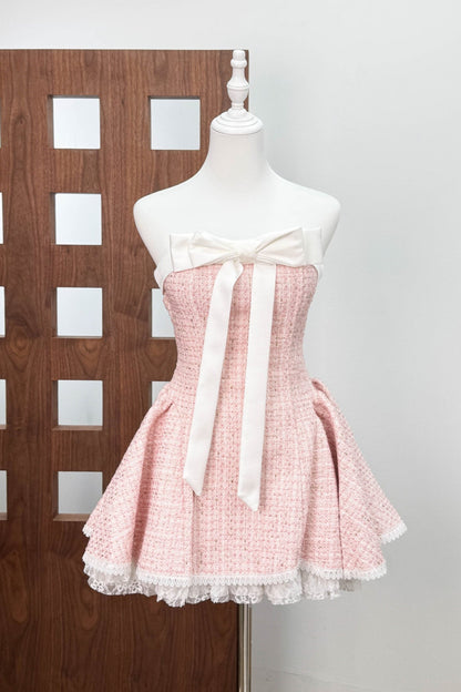 Bow woven lace tube top mini dress in pink
