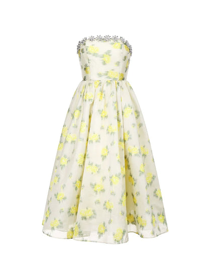 Lemon Yellow Strapless Long Cocktail Dress-Butter Cup