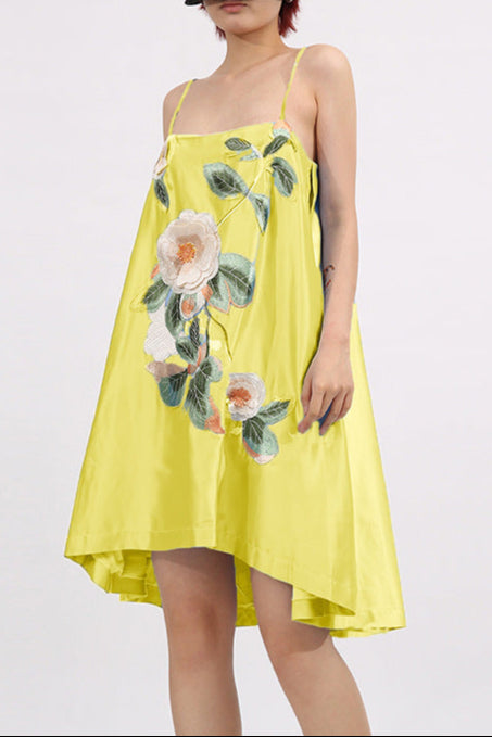 edwina applique floral Embroidered Mini Dress in yellow