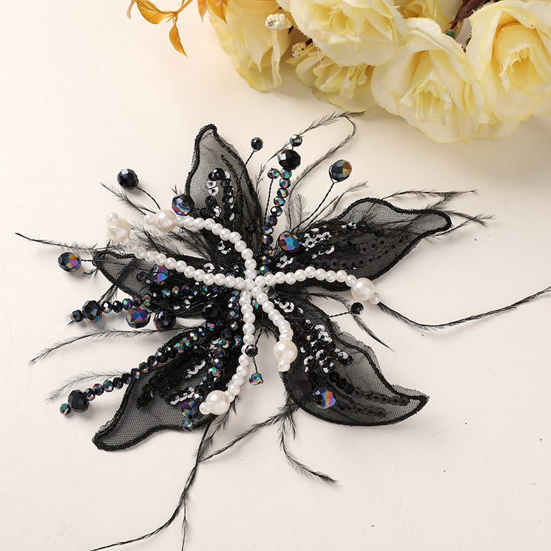 Picture-perfect pure white lace feathers, pearls, crystal flowers, DIY twisted silk flower headwear, claw clip clothing accessories
