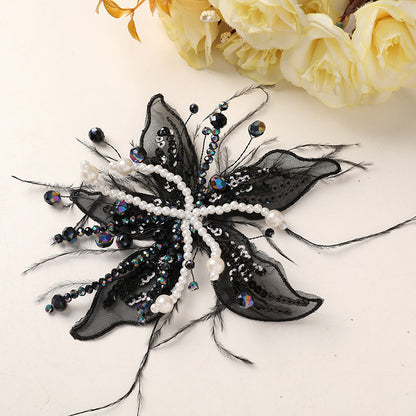 Picture-perfect pure white lace feathers, pearls, crystal flowers, DIY twisted silk flower headwear, claw clip clothing accessories