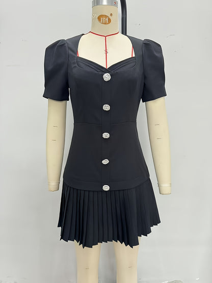 Black Sweetheart Square Neck Rhinestone Button Puff Sleeve Pleated Mini Dress