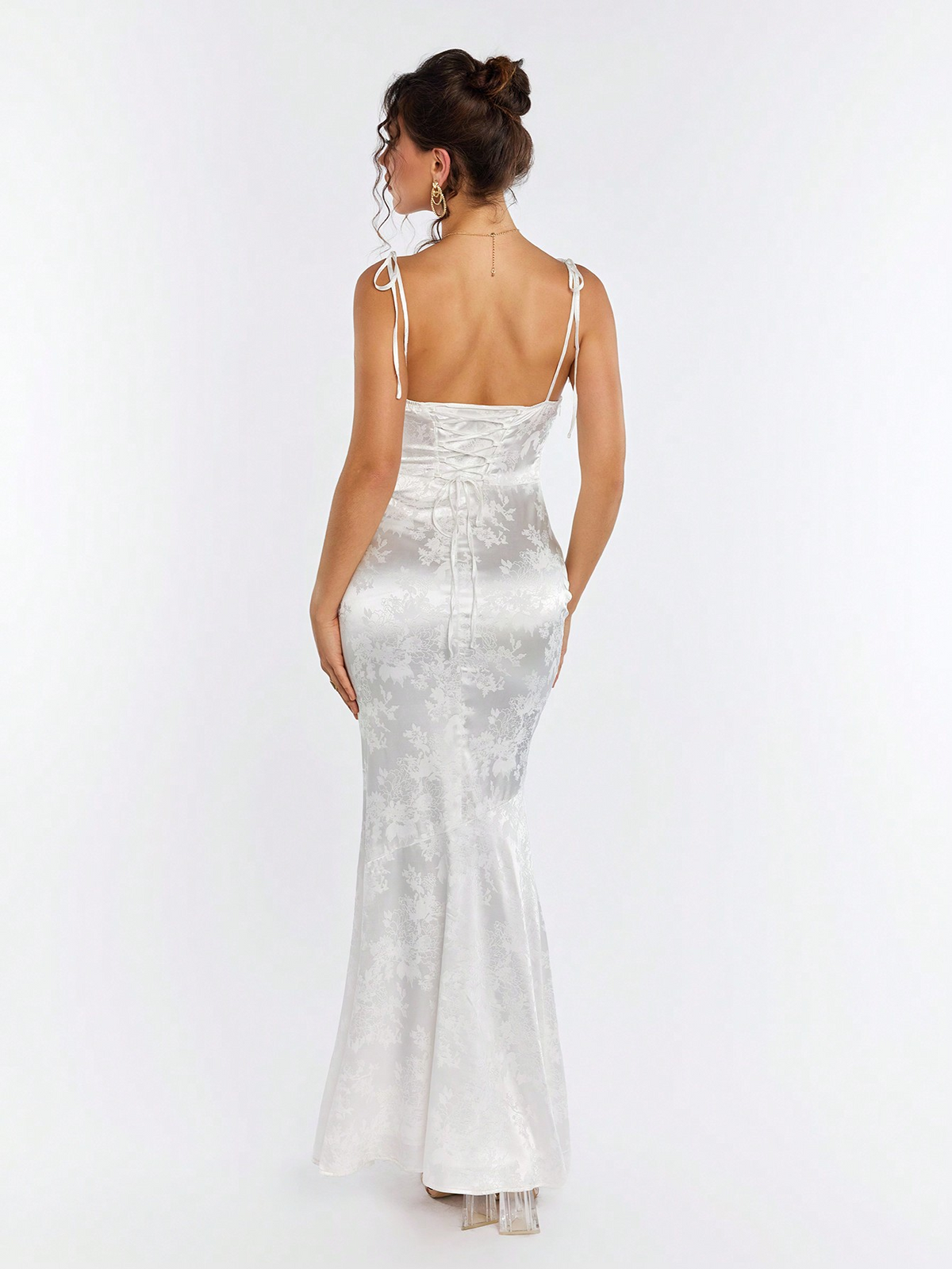satin jacquard open back slim mermaid maxi dress