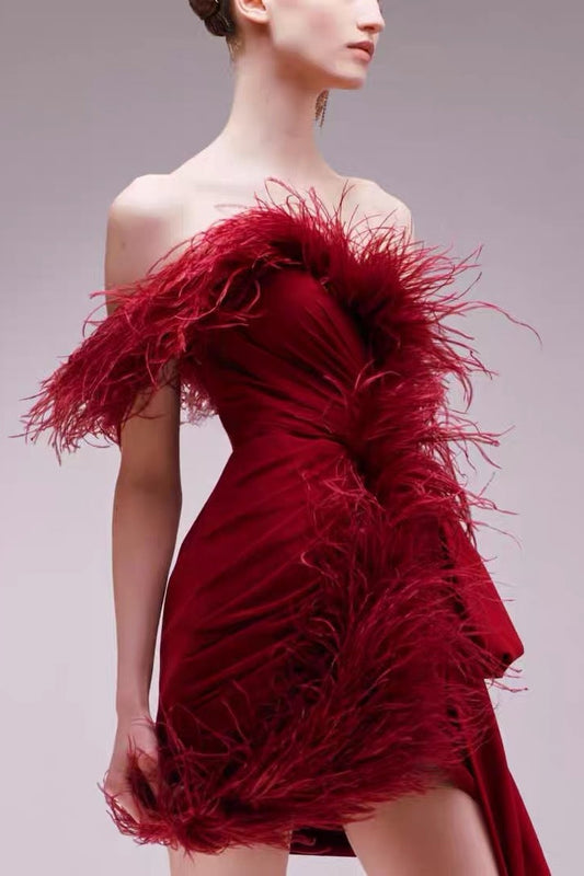 burgundy feather embellished strapless mini dress