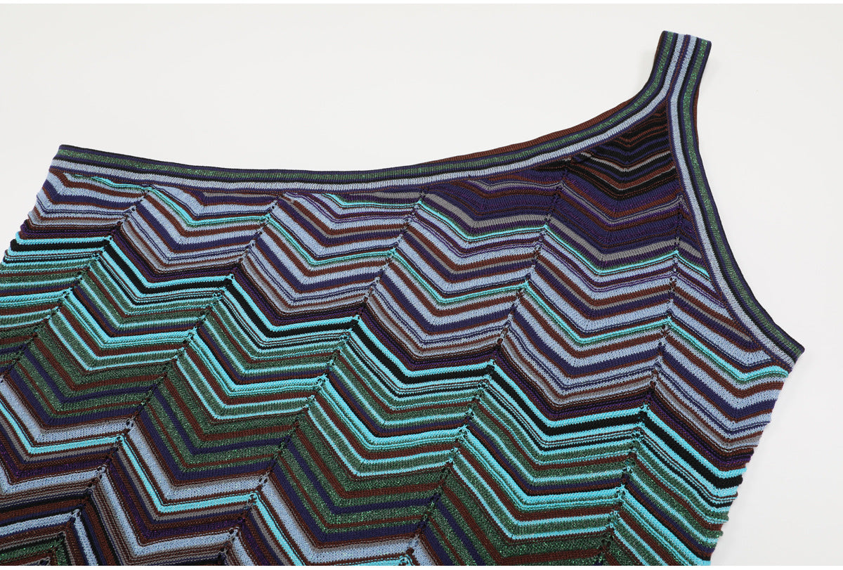 One-Shoulder Chevron Maxi Dress in Teal, Purple & Brown
