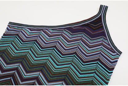 One-Shoulder Chevron Maxi Dress in Teal, Purple & Brown
