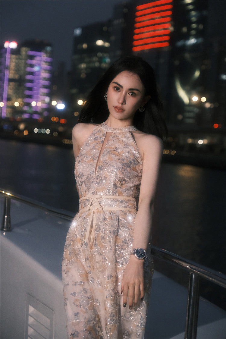 Gold Couture with Floral Embroidery Sequin Banquet Dress
