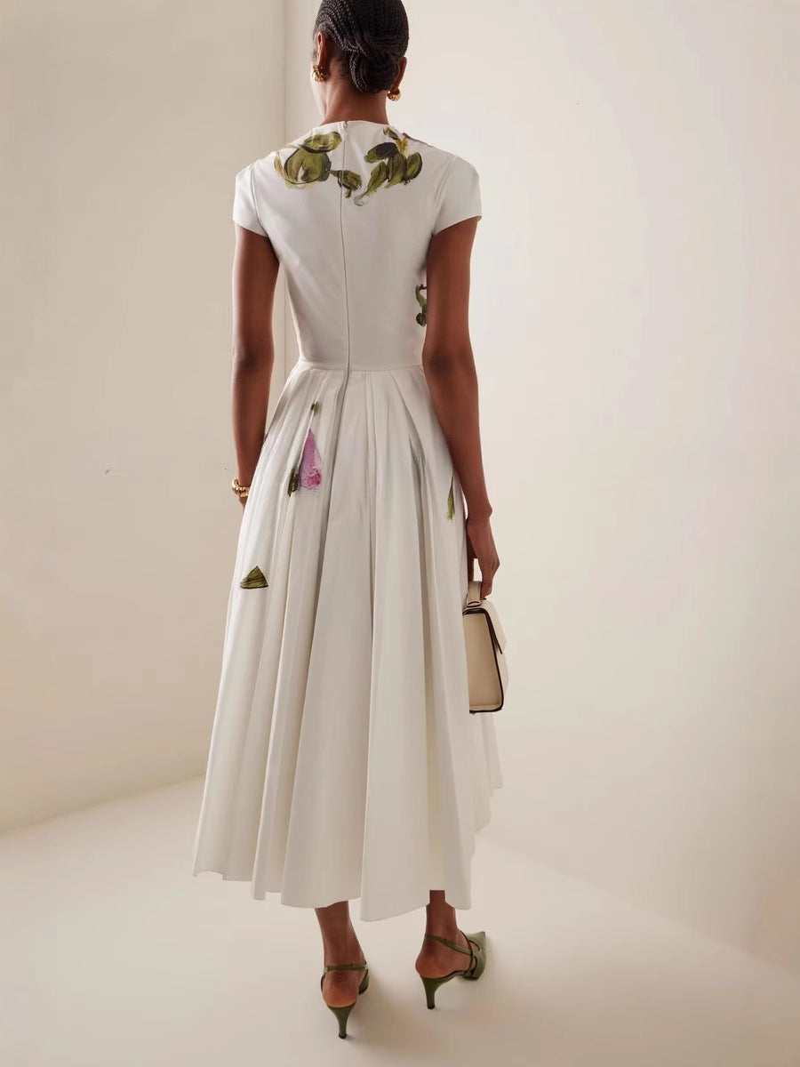 rose print crew neck short sleeves midi dress