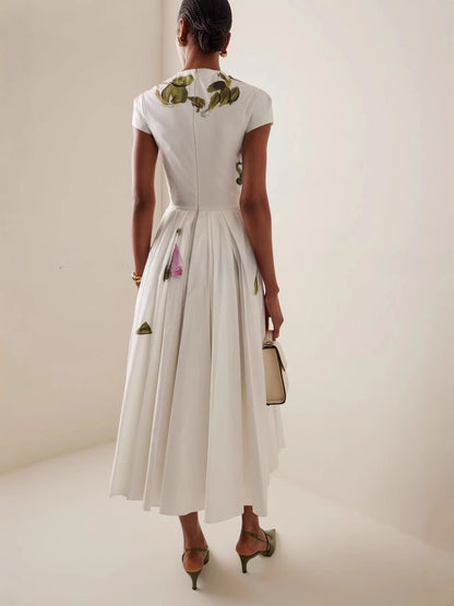 rose print crew neck short sleeves midi dress