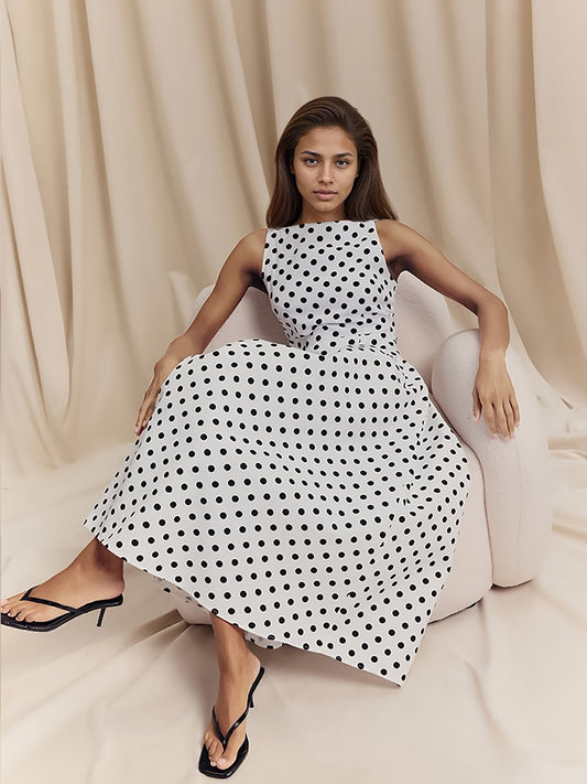 Sleeveless Polka Dot Midi A-line Dres