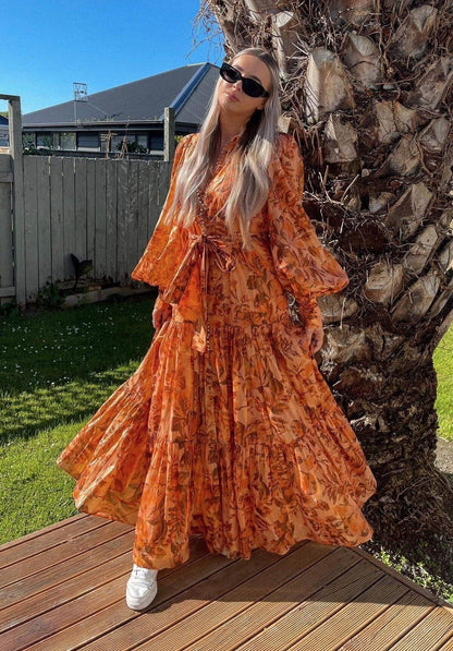 kelly Printed Balloon Sleeve Maxi Dress in brown