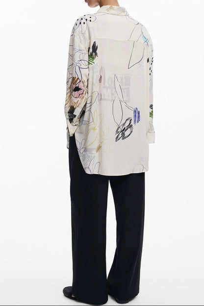 Cream Abstract Floral Sketch Print Long Sleeve Oversized Shirt