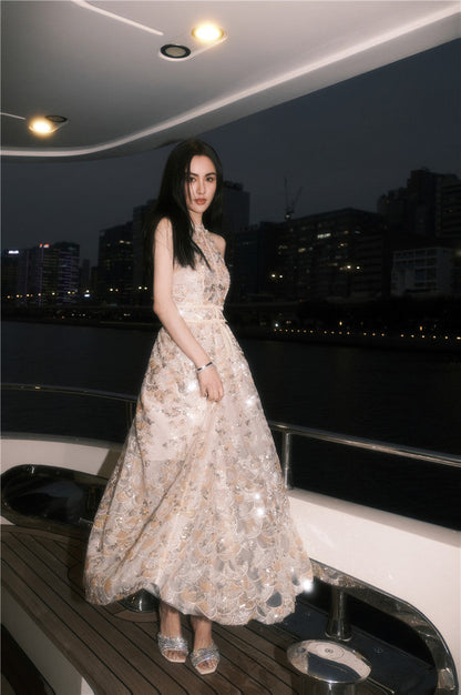 Gold Couture with Floral Embroidery Sequin Banquet Dress