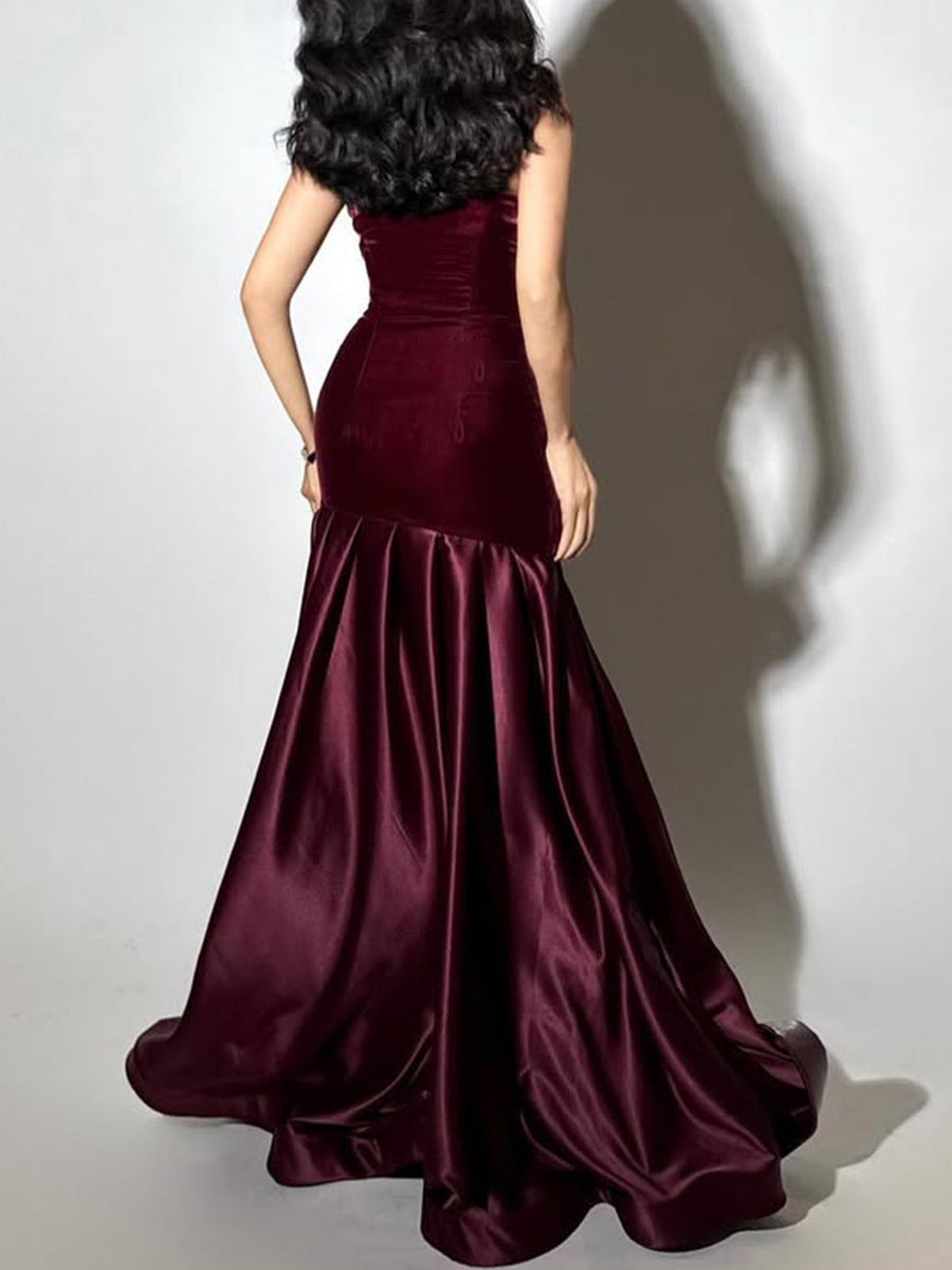 tiffany Irregular splicing strapless maxi dress  - burgundy
